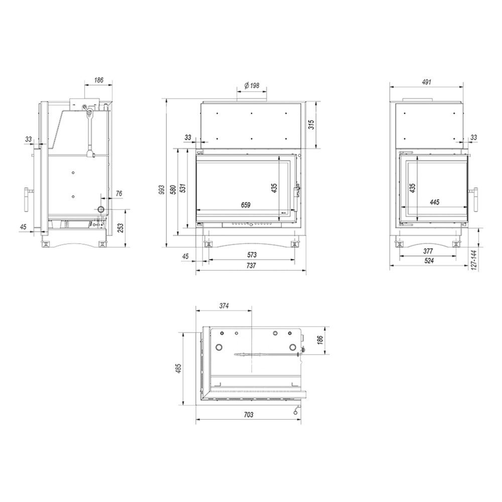 Каминная топка Kratki ZUZIA/PW/BP/15/BS/W/DECO (угловое стекло справа)