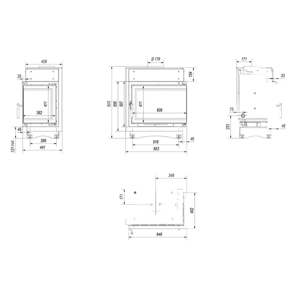 Каминная топка Kratki Maja/PW/BP/12/BS/W/DECO (угловое стекло справа)